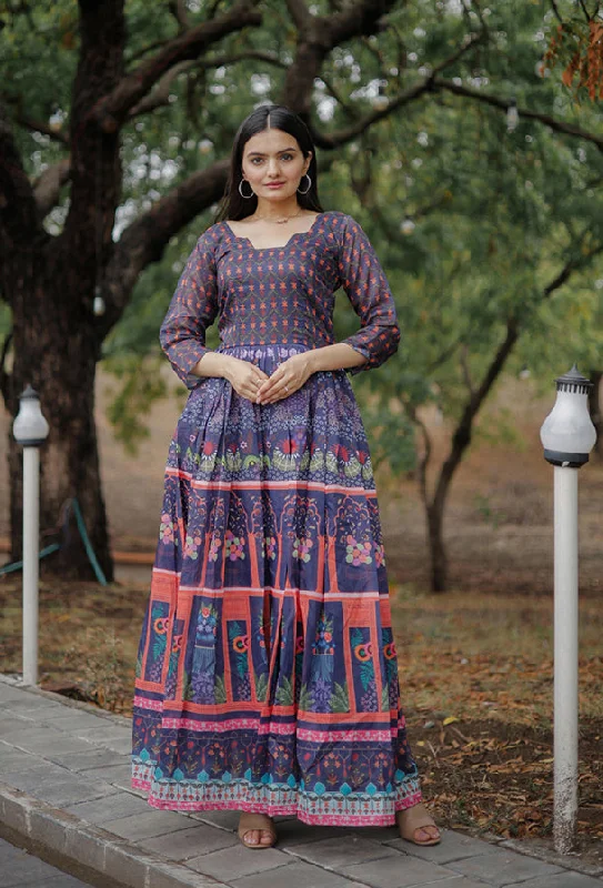 Sonakshi Women's Purple Heavy Digital Printed Pure Chanderi Anarkali Dress