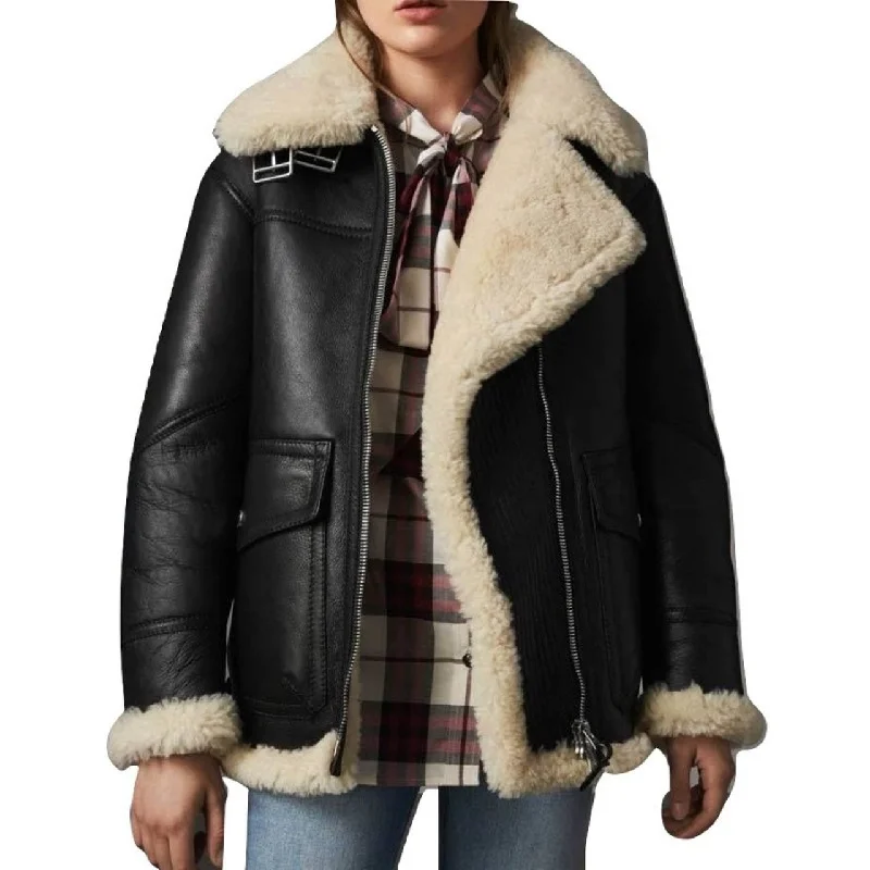 Stylish Black Fur Sheepskin Womens Jacket Satin Fabric Silk Fabric Chiffon Fabric