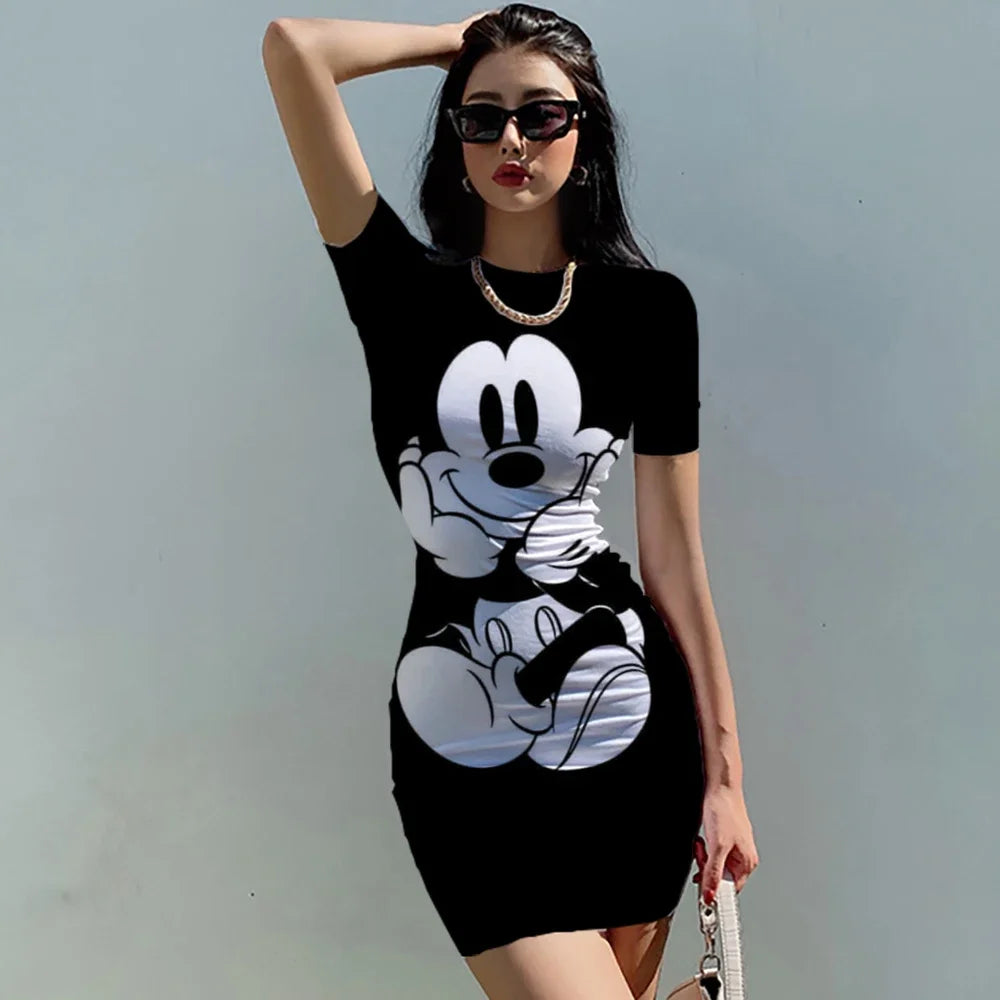 Summer Women Disney Minnie Mickey Mouse Bag Hip Skinny Mini Dress Sundress Sexy Bodycon Lady Club Short sleeve Dresses Chic Bohemian Mini Dress