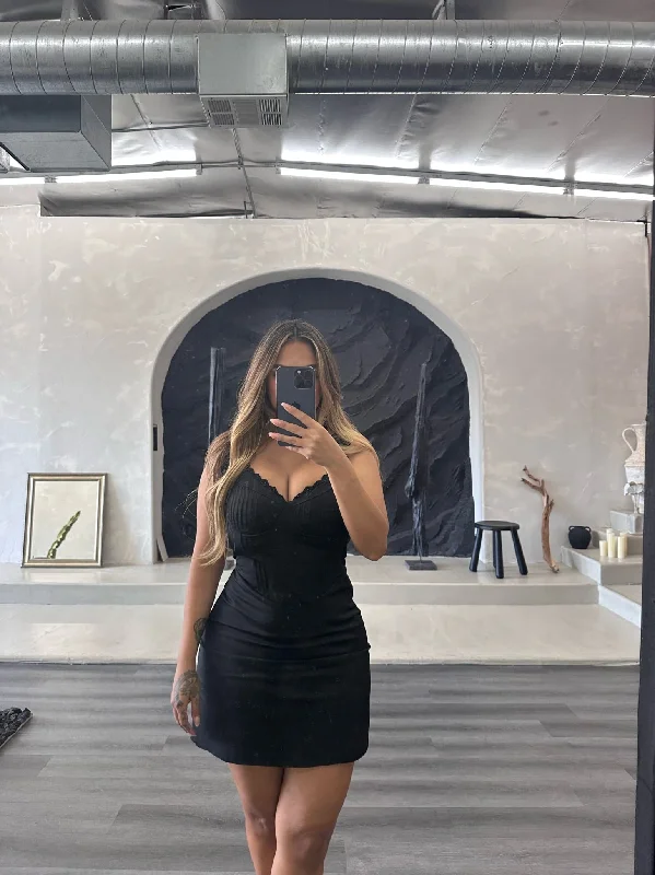 "Teresa" Mini Dress - Black Cozy Satin Mini Dress
