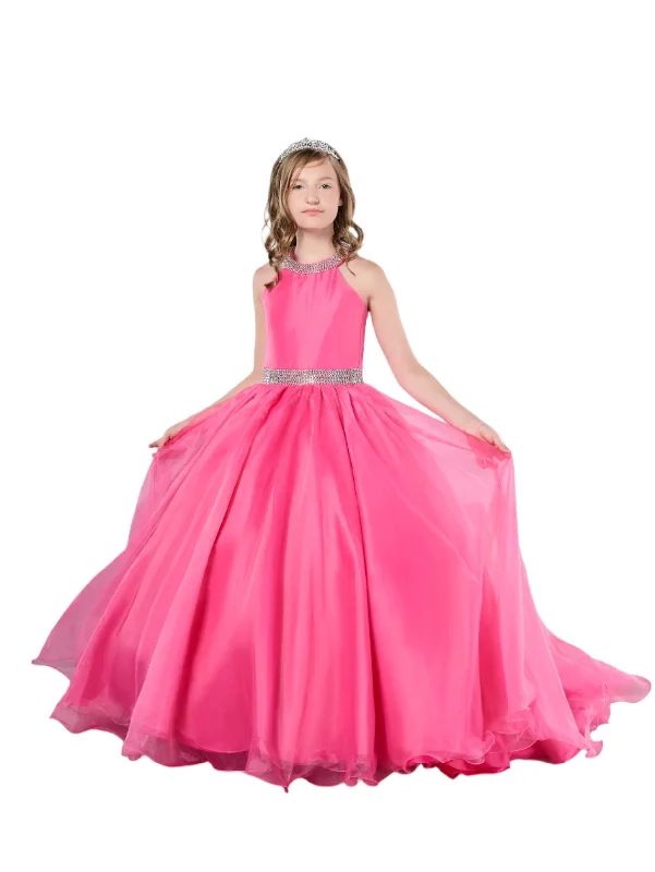 Tiffany Princess 13801 Size 10 Fuchsia Girls Pageant Dress Halter Ballgown A Line Formal Crystal Straps