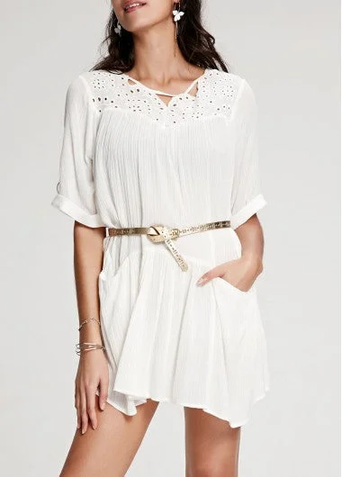 TastyHottie - Trendy Panel Half Sleeve White Mini Dress Casual V-Neck Mini Dress