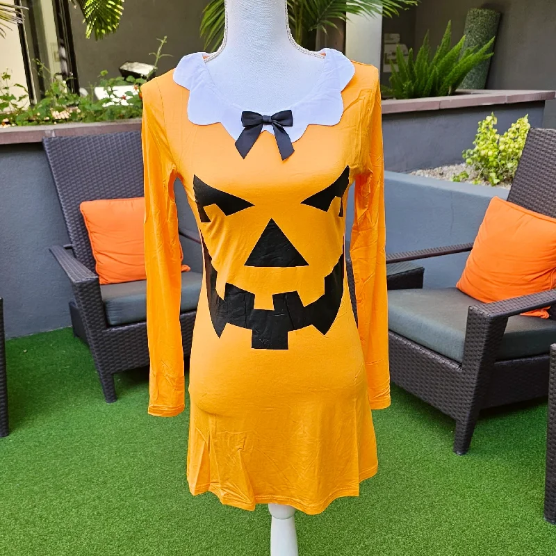 Trickz N Treatz Pumpkin Mini Dress Set | Carve a Smile | Striped Thigh Highs Elegant Silk Mini Dress