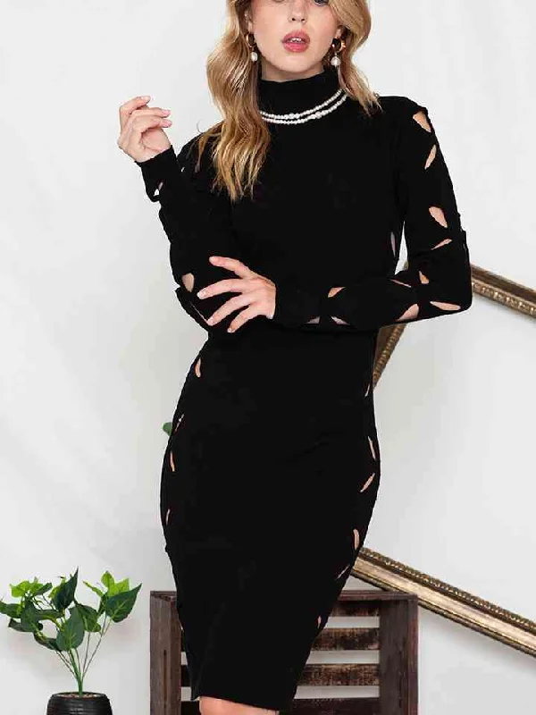 Turtle Neck Cutout Long Sleeve Mini Dress Elegant Mini Dress with Pleats
