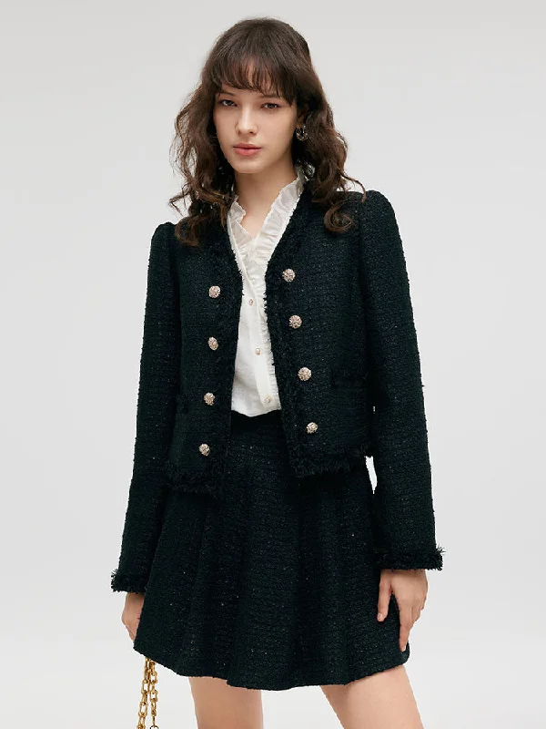 Tweed Fringe V-Neck Women Crop Jacket Front Pockets Side Pockets Patch Pockets