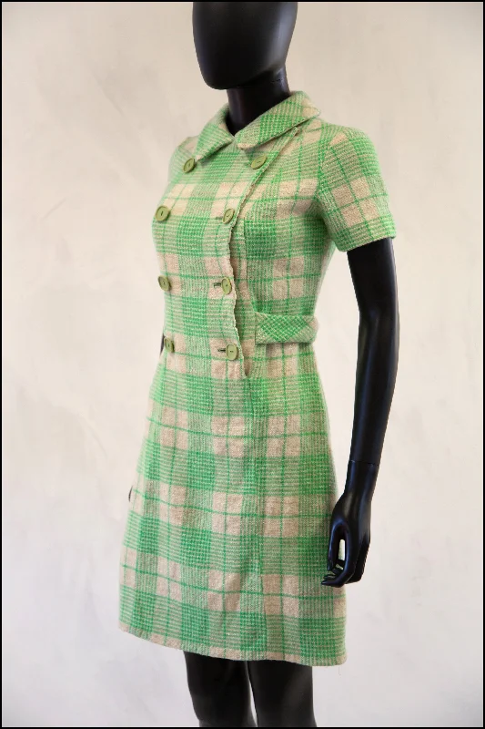 Vintage 1960s Green Wool Bullocks Wiltshire Mini Dress Trendy Camisole Mini Dress