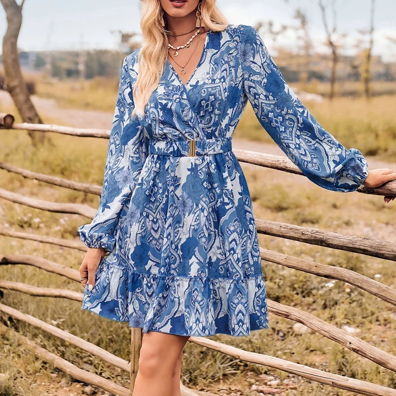 Vintage Floral Print V Neck Mini Dress Modern Satin Mini Dress