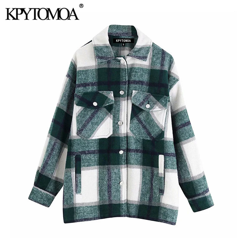 Vintage Stylish Pockets Oversized Plaid Jacket Coat Women 2020 Fashion Lapel Collar Long Sleeve Loose Outerwear Chic Tops Satin Jacket Silk Jacket Chiffon Jacket