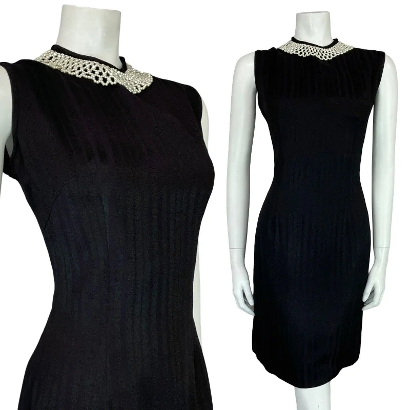 VTG 60S MOD BLACK WHITE PEARL BEADED NECKLINE PARTY MINI DRESS 10 11 Cozy Jersey Mini Dress