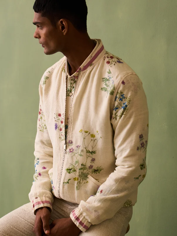 Wara Botanical Linen Jacket - Ivory Welt Pockets Slit Pockets Flap Pockets