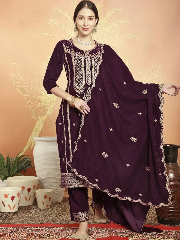 Wine Velvet Embroidered Dress Material