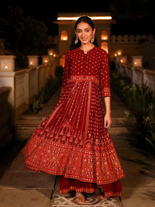 Women's Maroon Georgette Printed Dress - Juniper