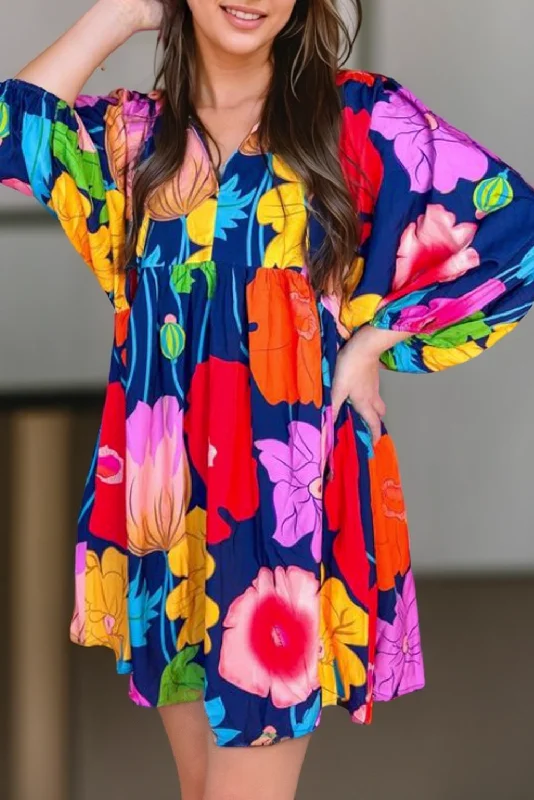 Floral Print Puff Sleeve Split Neck Mini Dress Cozy Knitted Mini Dress