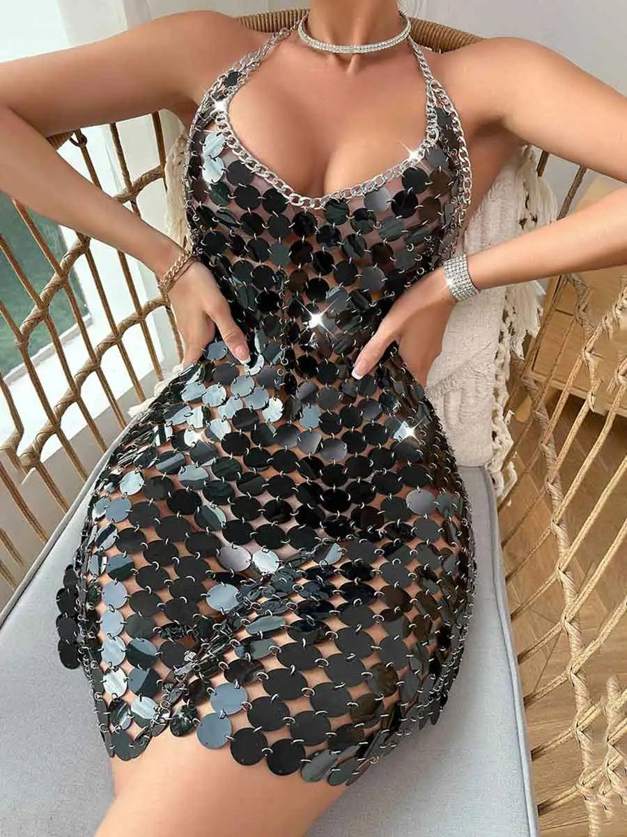 V-Neck Black Sequin Chainmail Mini Dress Chic Puff Sleeve Mini Dress