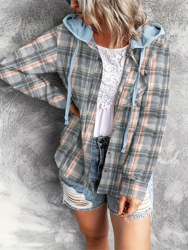 Women's Hooded Sweatshirt Buttoned Casual Shirt Jacket Welt Pockets Slit Pockets Flap Pockets