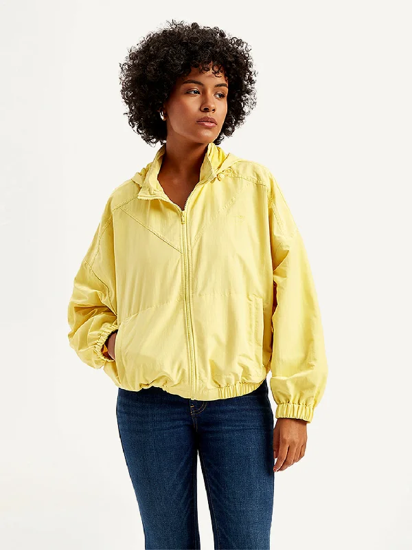 Women's Solid Yellow Hooded Windcheater Jacket Trench Coat Raincoat Waterproof Jacket