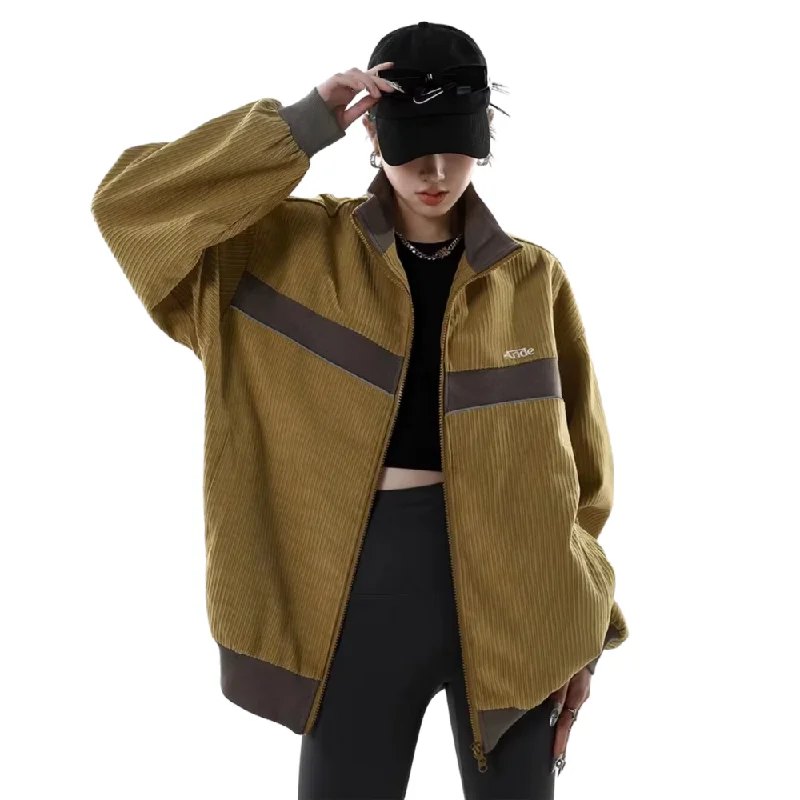 Women's Vintage Corduroy Stand Collar Jacket Herringbone Jacket Checkered Jacket Solid Jacket