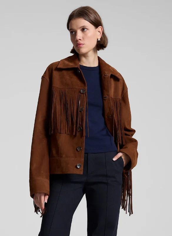 Wren Suede Fringe Jacket Notch Collar Peter Pan Collar Cowl Neck