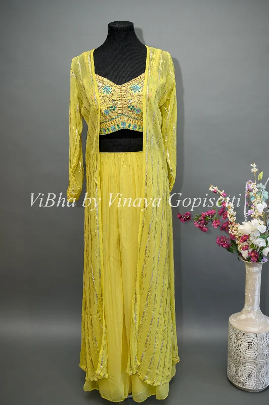 Yellow Palazzo With Embroidered Sleeveless Blouse And Detachable Jacket Striped Jacket Polka Dot Jacket Floral Jacket Yellow Palazzo With Embroidered Sleeveless Blouse And Detachable Jacket Striped Jacket Polka Dot Jacket Floral Jacket