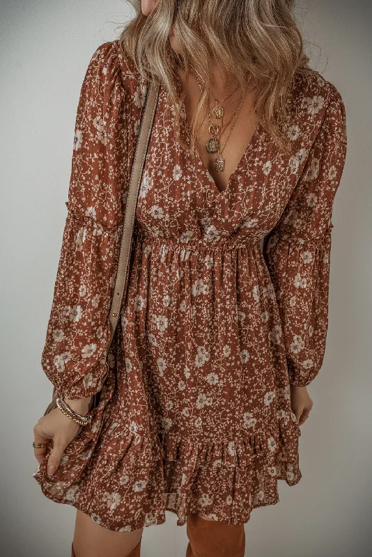 Blue Zone Planet | Brown Boho Floral Ruffled Puff Sleeve V Neck Mini Dress Chic Tropical Mini Dress Blue Zone Planet | Brown Boho Floral Ruffled Puff Sleeve V Neck Mini Dress Chic Tropical Mini Dress