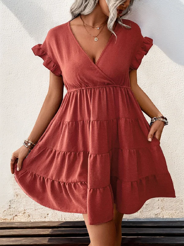 Tiered Surplice Flounce Sleeve Mini Dress Elegant Floral-Print Mini Dress