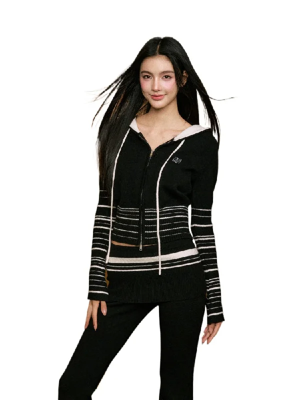 Striped Hooded Knit Cardigan Jacket Set Front Pockets Side Pockets Patch Pockets