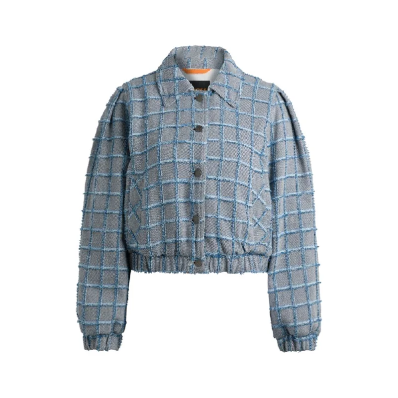 Tweed jacket with denim check Zip Front Button Front Snap Front