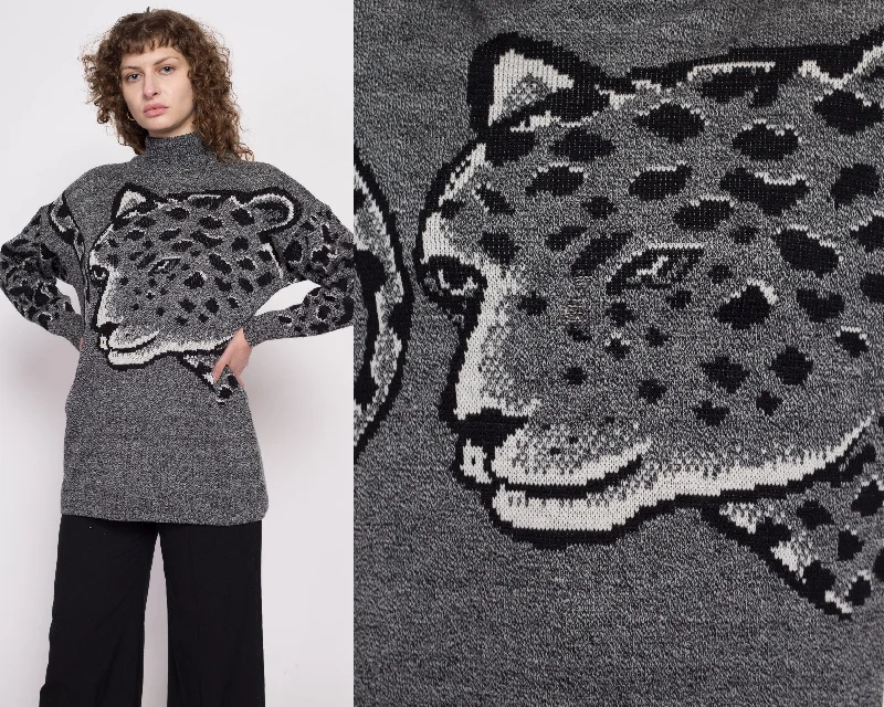 80s Cheetah Mockneck Sweater - Medium Houndstooth Herringbone Solid