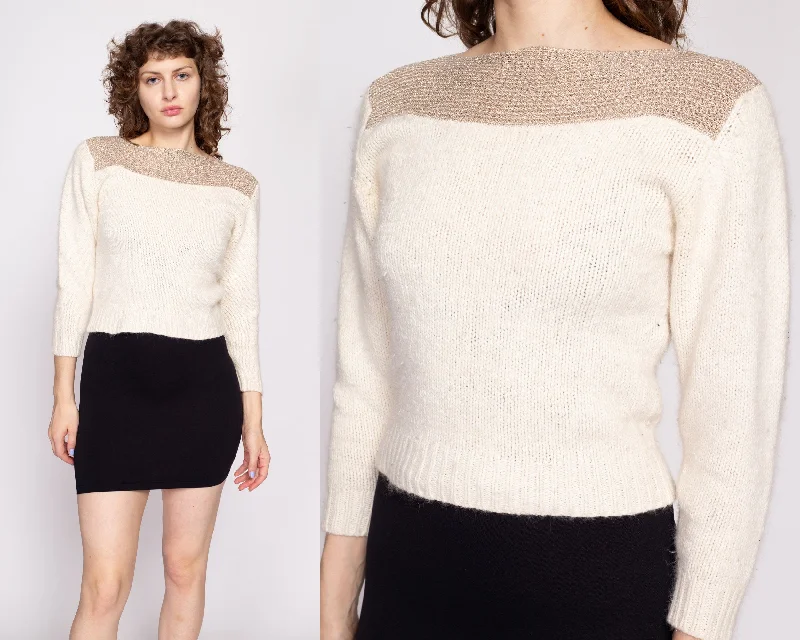 80s Cream & Gold Metallic Knit Sweater - Small to Medium Plaid Sweater Polka Dot Checkered