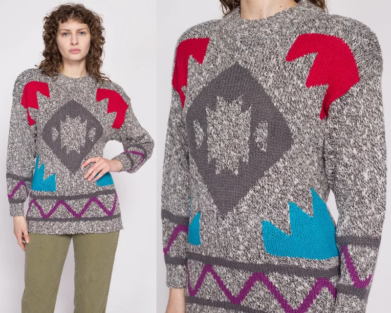 80s Geometric Knit Sweater - Small Terry Blend Velvet Blend Canvas Blend