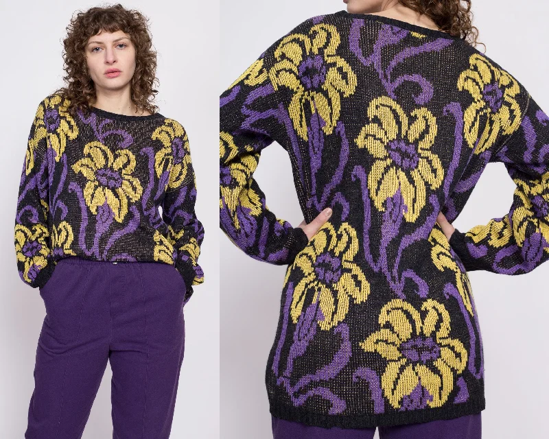 80s Lily Flower Knit Sweater - Extra Large High Neck Crew Neck V-Neck