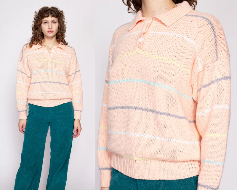 80s Striped Pastel Orange Henley Sweater - Medium Casual Formal Business