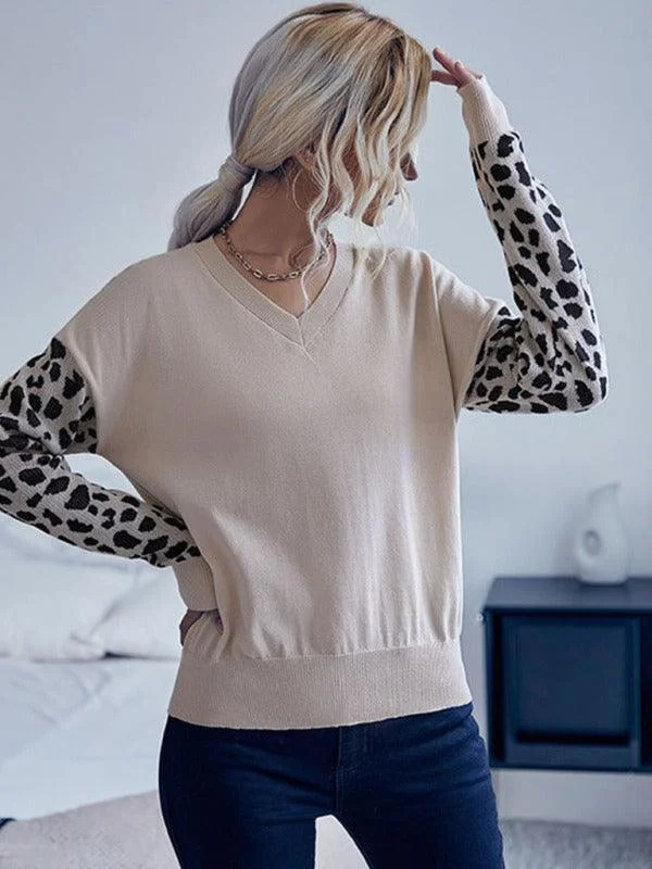 V-Neck Knitted Sweater Top Women With Wild Print Sleeves Bright Pastel Dark