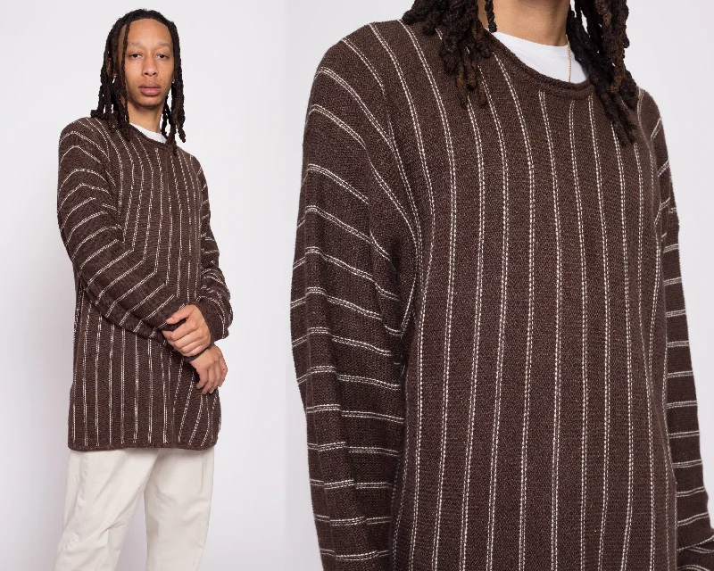 90s Brown & White Striped Tunic Sweater - Men's Medium to Large Zippered Buttoned Snapped