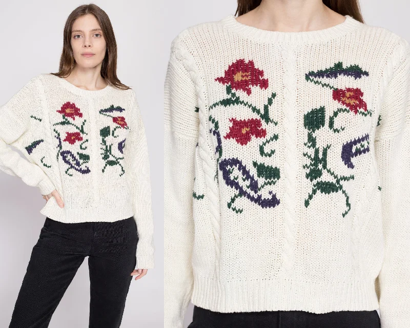 90s White Floral Cable Knit Sweater - Medium Slim Fit Regular Fit Oversized