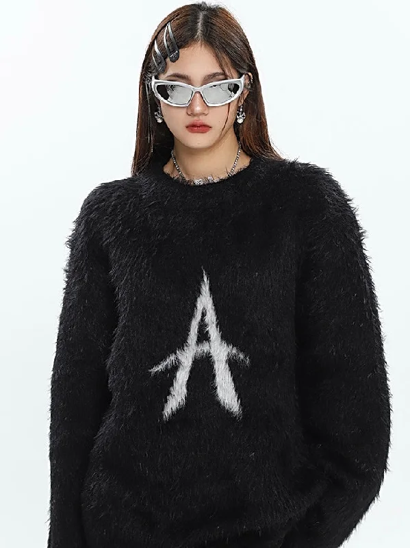 A Letter Print Solid Color Long Sleeve Fleece Sweater Zippered Front Buttoned Front Snap Front