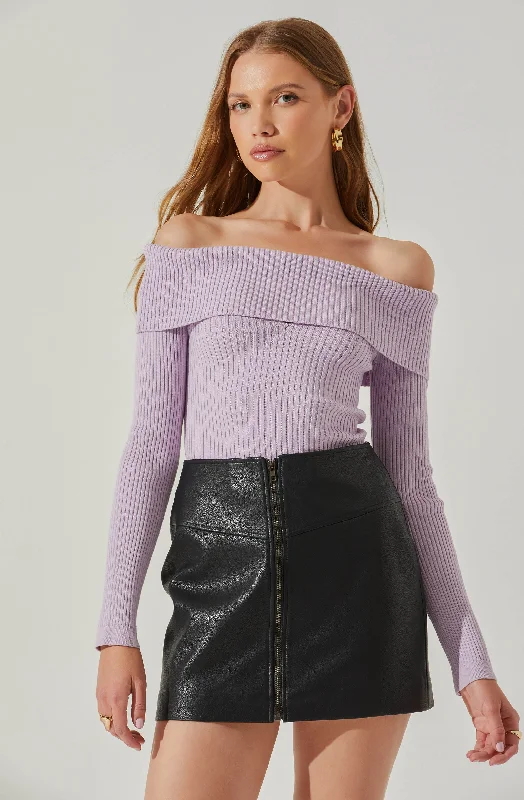 Ainsley Ribbed Off Shoulder Sweater Iron Safe Non-Iron Wrinkle Free