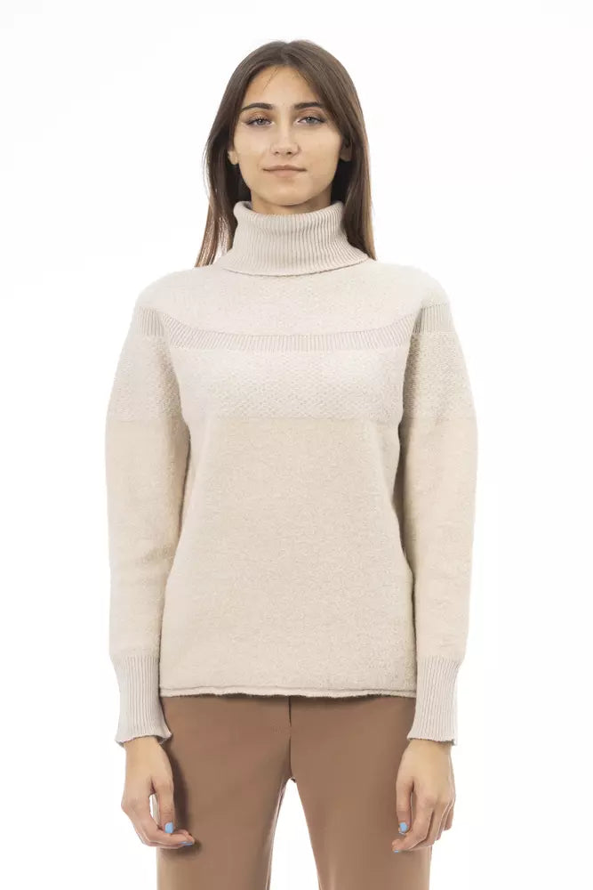 Alpha Studio Beige Alpaca Women Sweater Polka Dot Checkered Tartan