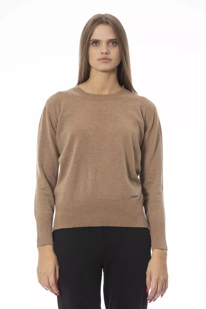 Baldinini Trend Beige Wool Women Sweater Print Jacquard Patchwork