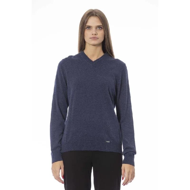 Baldinini Trend Blue Wool Women Sweater Turtle Neck Boat Neck Asymmetrical Neck