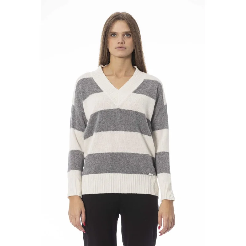 Baldinini Trend Gray Wool Women Sweater Chenille Brocade Lace