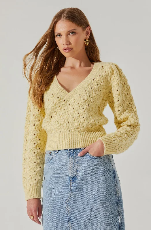Bianca V Neck Pointelle Sweater Print Jacquard Patchwork