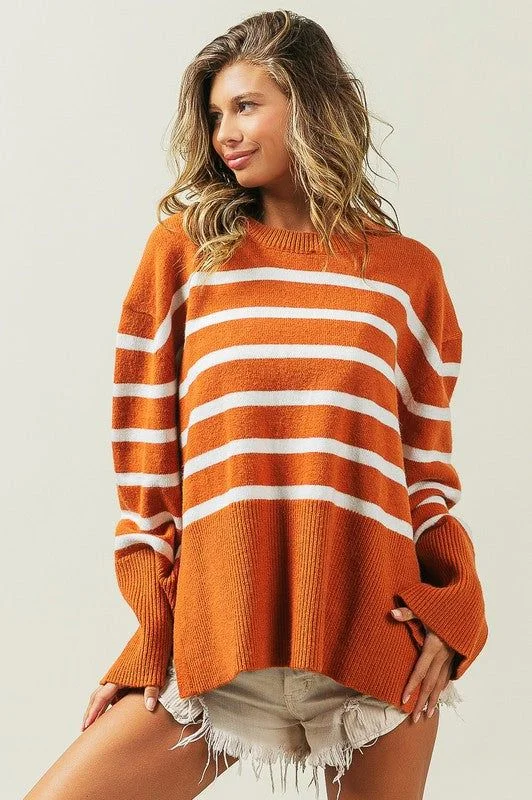 BiBi Ribbed Hem Stripe Sweater Fitted Loose Oversized