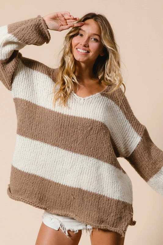 BiBi Slit Striped V-Neck Dropped Shoulder Sweater Stylish Fashionable Trendy