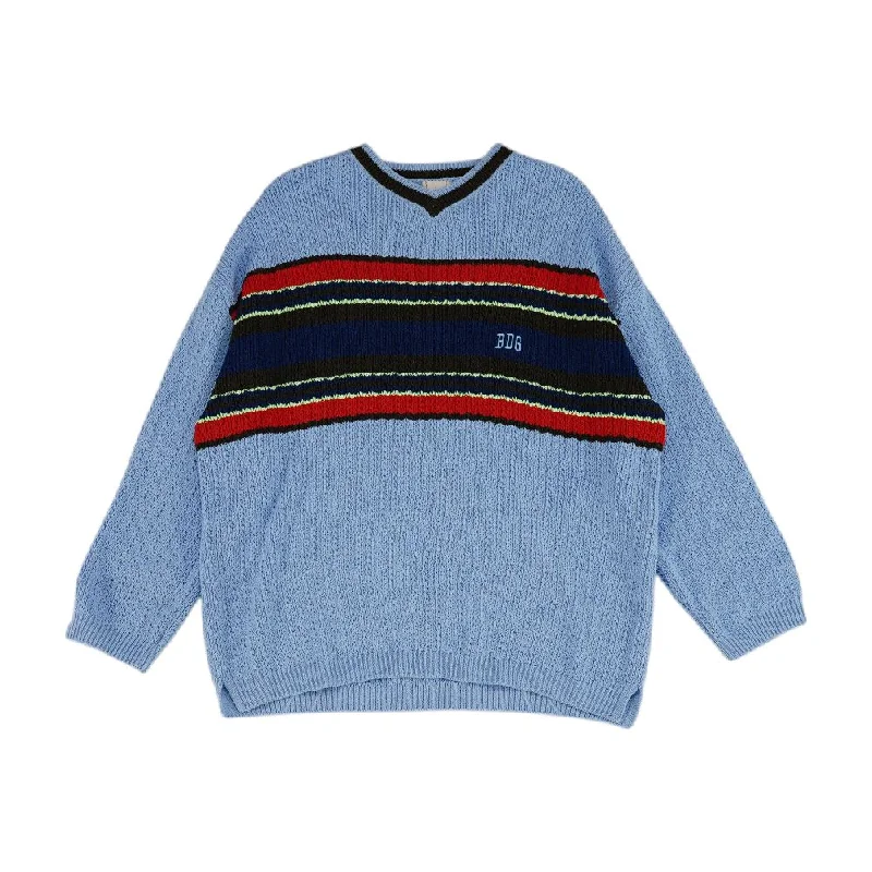 Blue Striped V-neck Sweater Anti-Pilling Anti-Shrink Durable