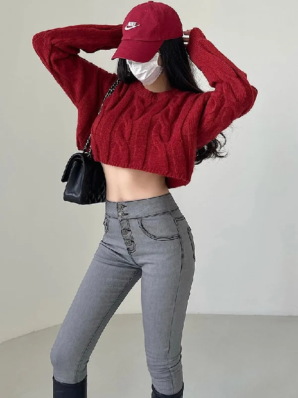 Brooke Solid Color Knitted Long Sleeve Cropped Sweater Nylon Fabric Polyester Fabric Spandex Fabric