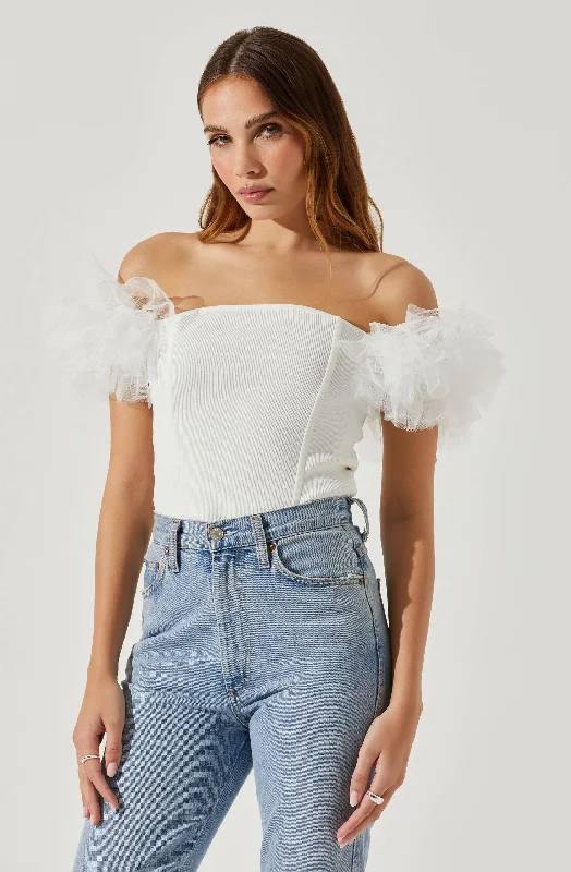 Calla Off Shoulder Tulle Sleeve Sweater Satin Fabric Silk Fabric Chiffon Fabric