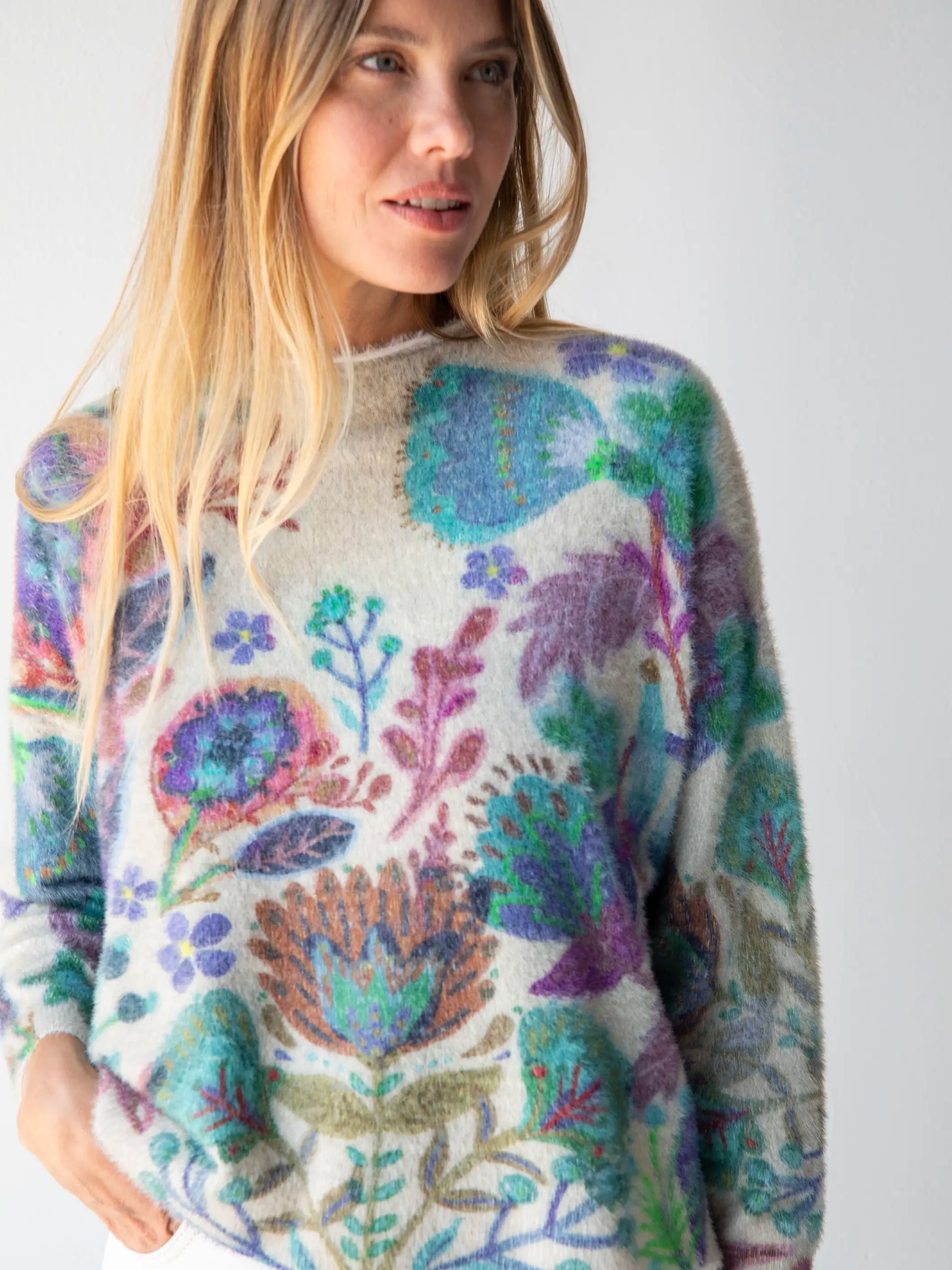 Cashmere-Like Mock Neck Sweater - Ash Folk Flower Fitted Loose Oversized