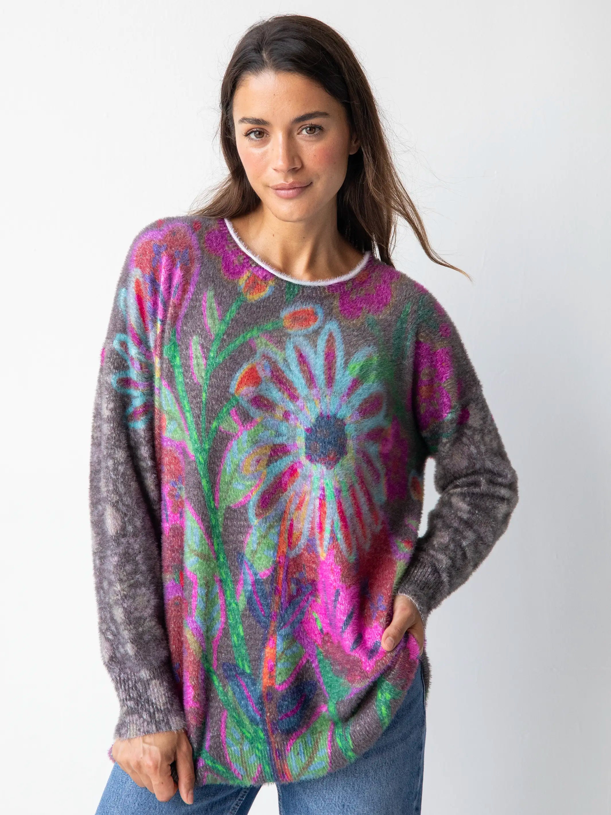 Cashmere-like Pullover Sweater - Mauve Folk Flower Terry Terry Cloth Terry Knit