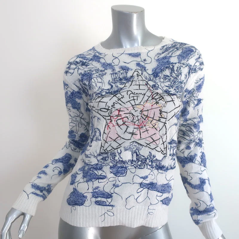 Christian Dior Around the World Embroidered Cashmere Sweater White/Blue Size 36 Stylish Fashionable Trendy